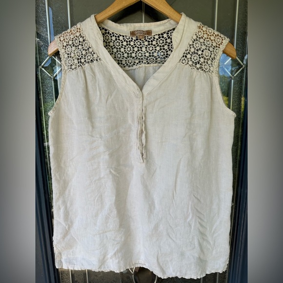 Carla Conti Medium 100% Linen Sleeveless Tank Crochet Detail Cream beige - Picture 1 of 6